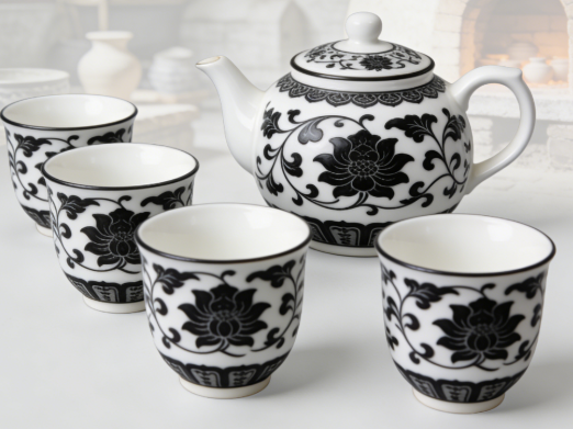 【晋陶记】平定刻花瓷非遗手工刻绘白地黑花茶具套装山西特产